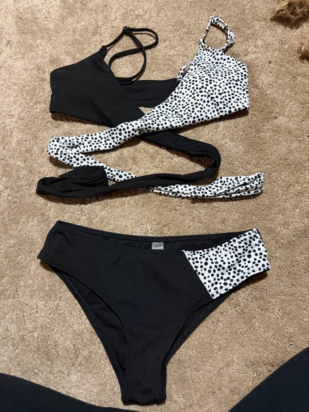 Black & White Spot Wrap Bikini Top and Mid-Rise Bottoms